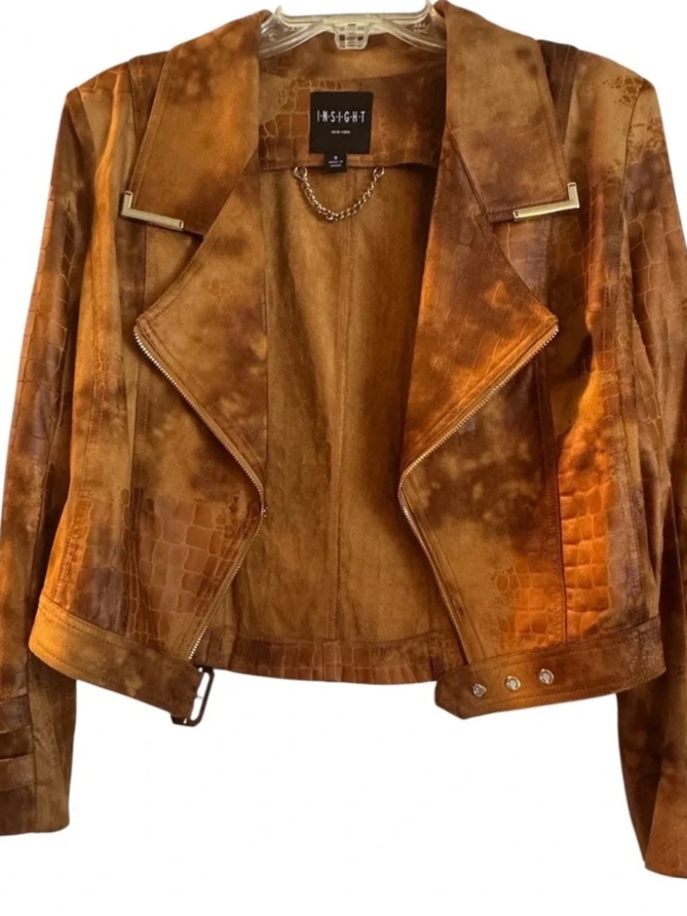 INSIGHT New York Gold/Brown Vegan Faux Suede Leather Croc Moto Jacket Size 6 New